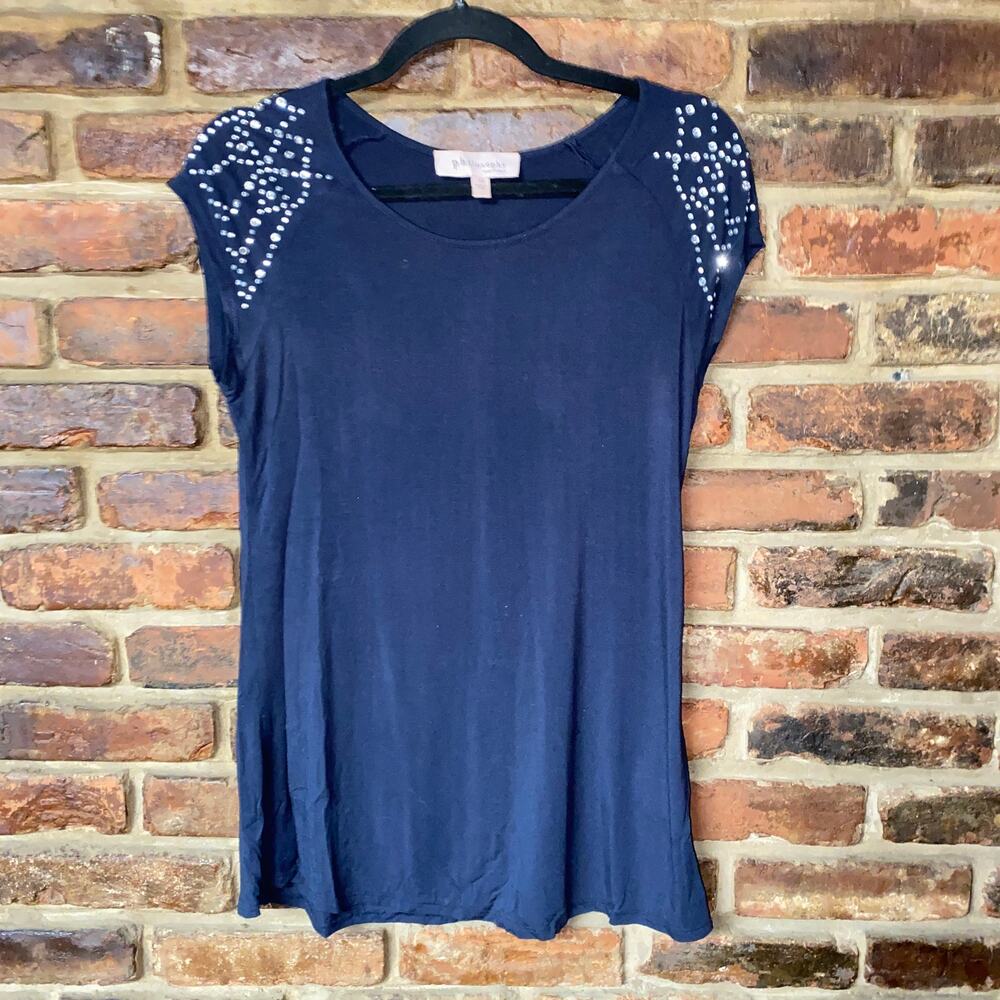 Philosophy Navy Blue Short Cap Sleeve Rhinestone Embellished Top Women's Size XS